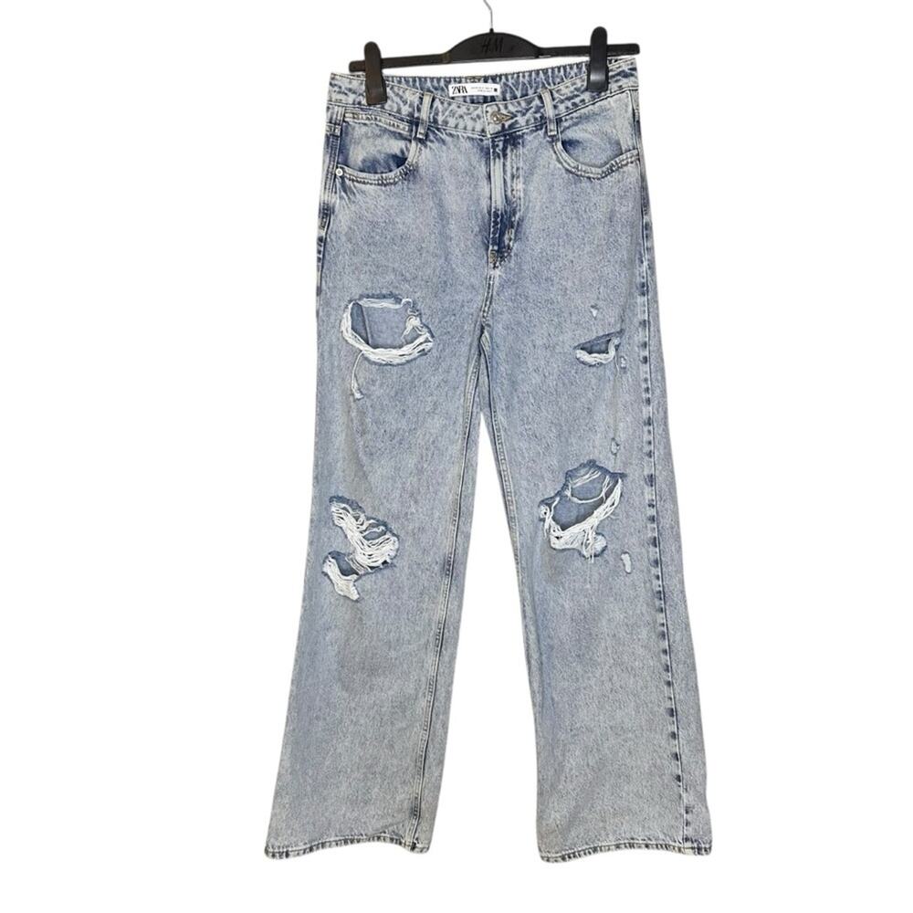 Zara High Rise Ripped Light Wash Straight leg Jeans Size 6 Festival Grunge 90s